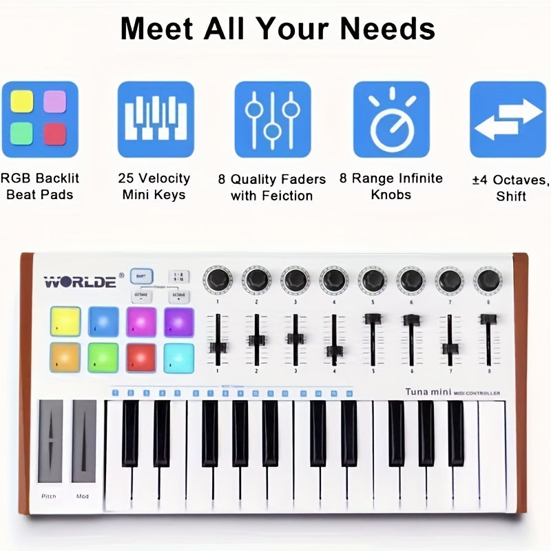 1pc Tuna Mini Teclado MIDI de 25 teclas, alimentado por USB, 8 pads de batería con iluminación RGB, 8 perillas asignables, portátil para producción musical, actuación, composición - Negro