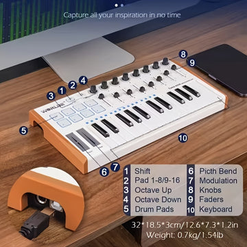1pc Tuna Mini Teclado MIDI de 25 teclas, alimentado por USB, 8 pads de batería con iluminación RGB, 8 perillas asignables, portátil para producción musical, actuación, composición - Negro