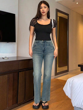 Dazy Designer Jeans acampanados casuales con bolsillos para mujer para uso diario y viajes