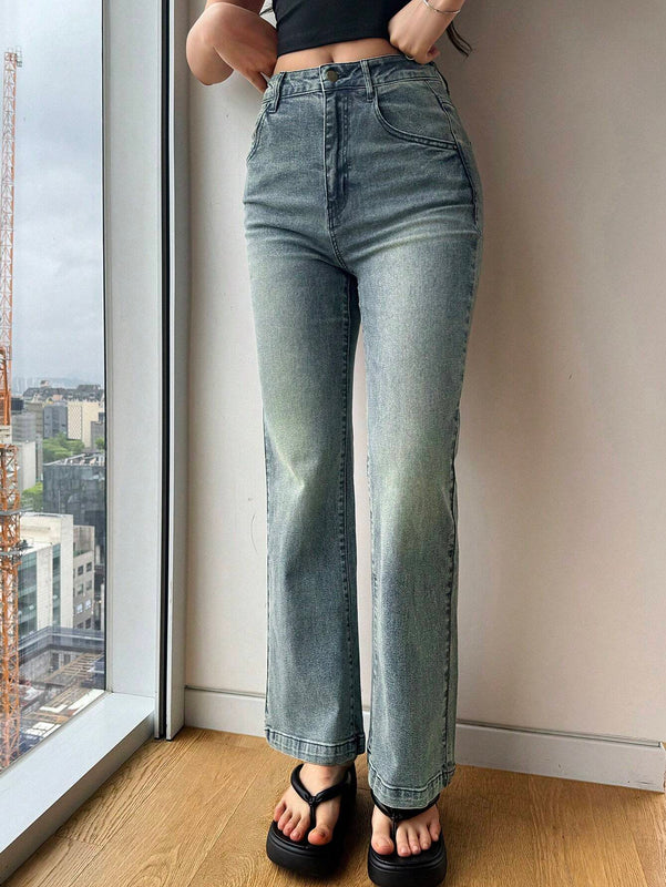 Dazy Designer Jeans acampanados casuales con bolsillos para mujer para uso diario y viajes