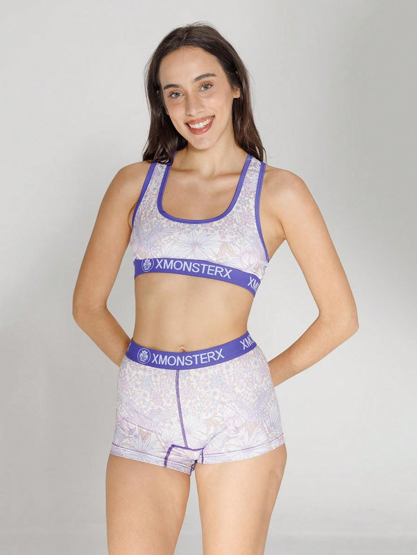 Conjunto de ropa interior deportiva casual para mujer, sujetador deportivo y conjunto de bragas de poliester estampado