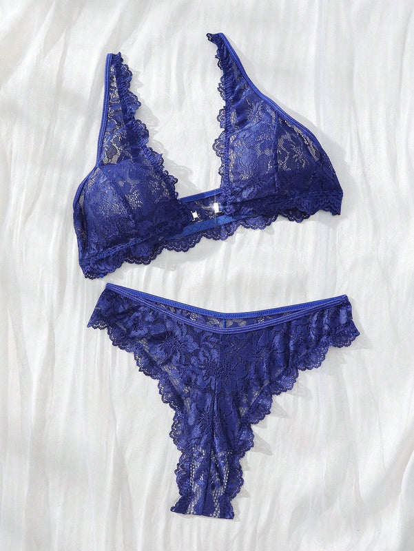 NEW  Conjunto de sujetador y panty para mujer de unicolor con detalles de encaje