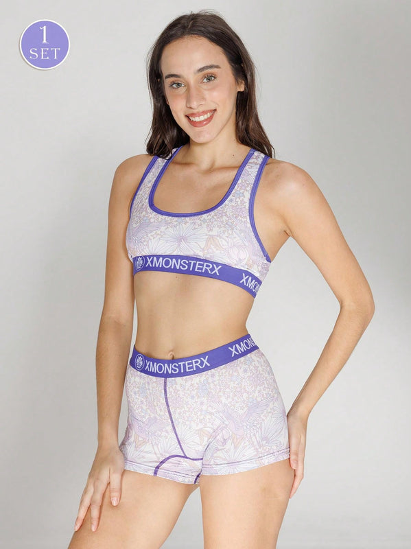 Conjunto de ropa interior deportiva casual para mujer, sujetador deportivo y conjunto de bragas de poliester estampado