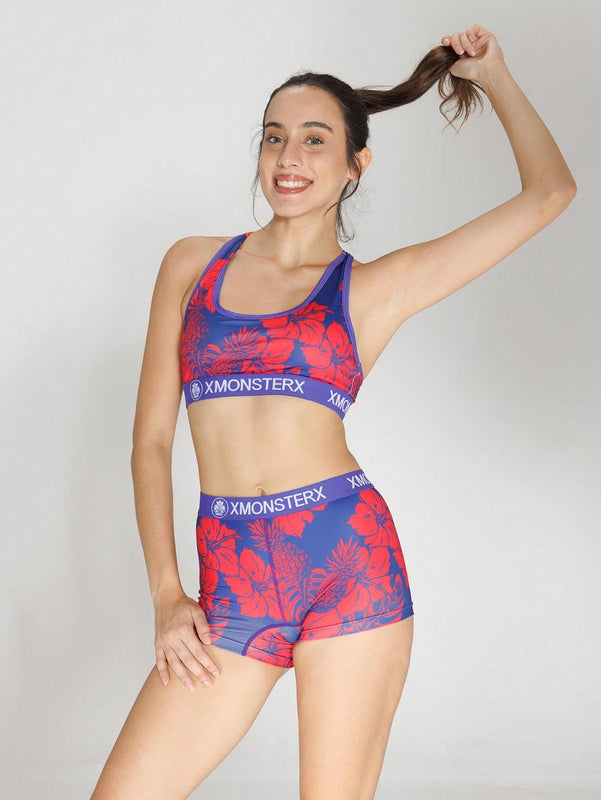 Conjunto de sujetador deportivo y ropa interior para mujer con estampado de planta tropical y cuatro esquinas