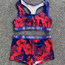 Conjunto de sujetador deportivo y ropa interior para mujer con estampado de planta tropical y cuatro esquinas