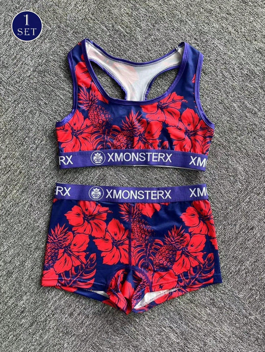 Conjunto de sujetador deportivo y ropa interior para mujer con estampado de planta tropical y cuatro esquinas