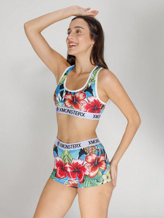 Nuevo conjunto de ropa interior deportiva para mujer transpirable, sosten deportivo y calzoncillos de poliester impresos, ideal para fitness y ciclismo