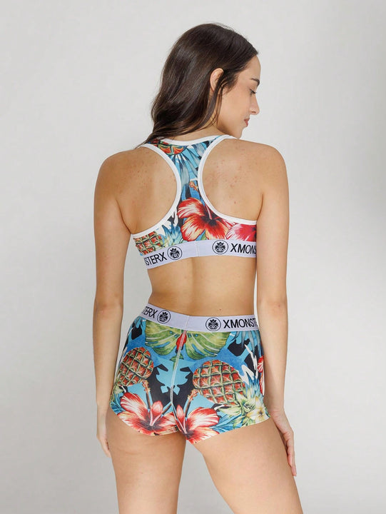 Nuevo conjunto de ropa interior deportiva para mujer transpirable, sosten deportivo y calzoncillos de poliester impresos, ideal para fitness y ciclismo