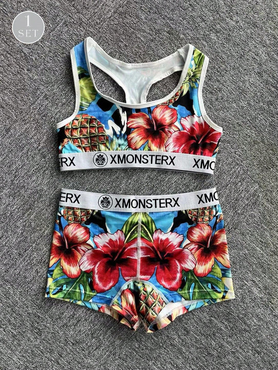 Nuevo conjunto de ropa interior deportiva para mujer transpirable, sosten deportivo y calzoncillos de poliester impresos, ideal para fitness y ciclismo