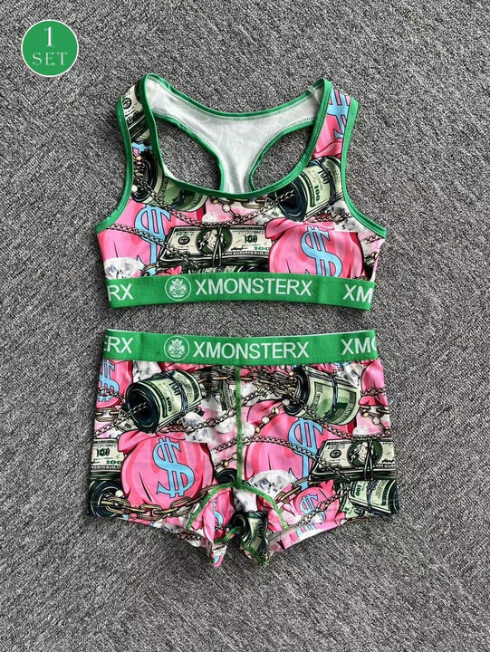 Conjunto de sujetador deportivo y ropa interior de ocio para mujeres, conjunto de sujetador deportivo sin espalda para mujeres, fabricado en poliester estampado
