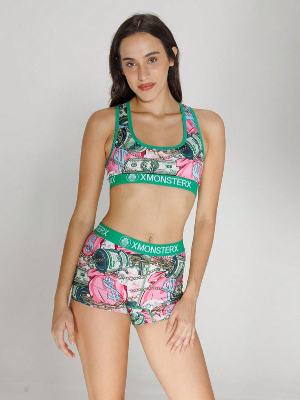 Conjunto de sujetador deportivo y ropa interior de ocio para mujeres, conjunto de sujetador deportivo sin espalda para mujeres, fabricado en poliester estampado