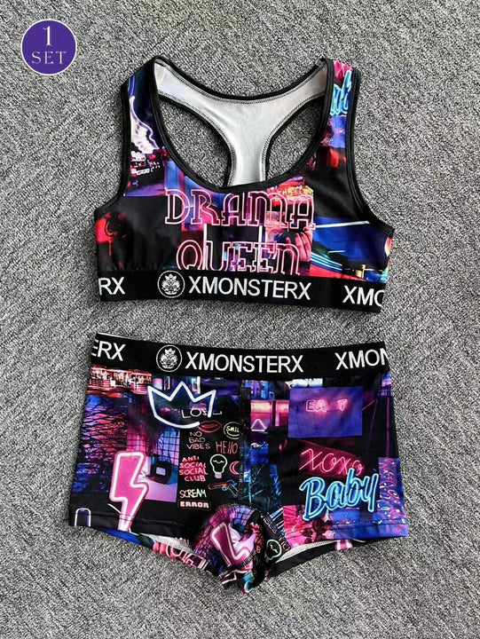 Conjunto de Bra Deportivo y Panty para Mujeres con Impresion de Letras