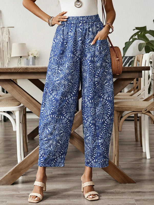 EMERY ROSE Pantalones largos de verano casuales para mujer con estampado abstracto y bolsillos
