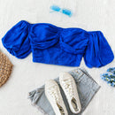 WYWH Blusa de hombros descubiertos azul de mujer con holguras, top retorcido elastico para vacaciones, playa, ocasiones casuales, juveniles, de graduacion, regreso a clases, Pascua, fiesta de jardin o atuendos para te de la tarde.