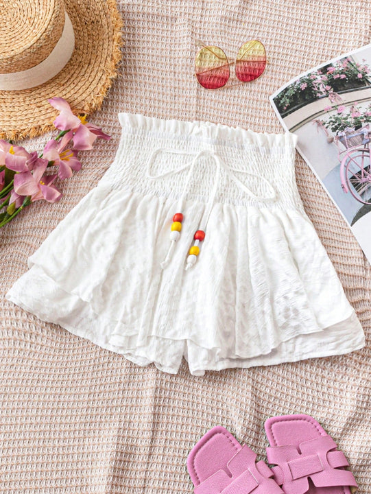 WYWH WYWH Vacaciones Mujeres Ocio Playa Sol Lotus Leaf Capas Blanco A-Line Elastico Cintura Pantalones cortos