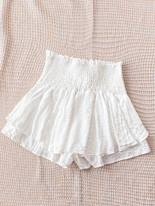 WYWH WYWH Vacaciones Mujeres Ocio Playa Sol Lotus Leaf Capas Blanco A-Line Elastico Cintura Pantalones cortos