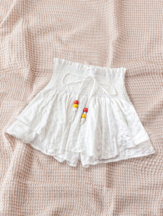 WYWH WYWH Vacaciones Mujeres Ocio Playa Sol Lotus Leaf Capas Blanco A-Line Elastico Cintura Pantalones cortos