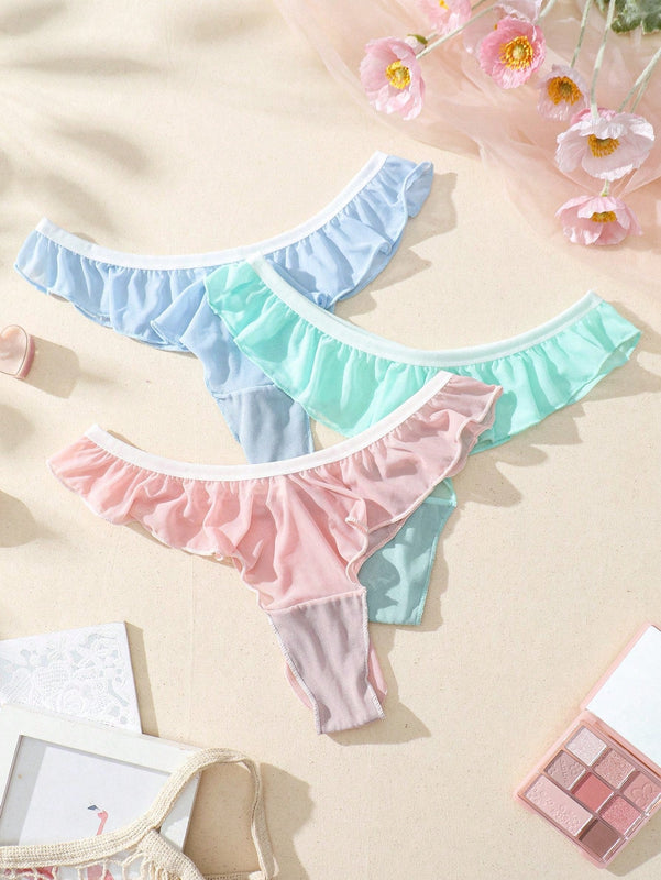 NEW Ropa interior de tanga de cintura alta con ribete de malla y volantes en colores contrastantes para mujeres