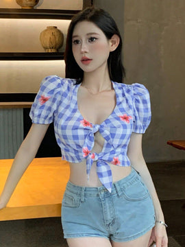 Camisa de manga corta para mujer con estampado de flores a cuadros