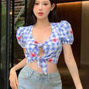 Camisa de manga corta para mujer con estampado de flores a cuadros