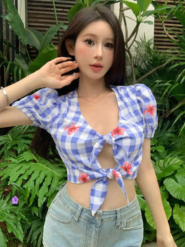 Camisa de manga corta para mujer con estampado de flores a cuadros