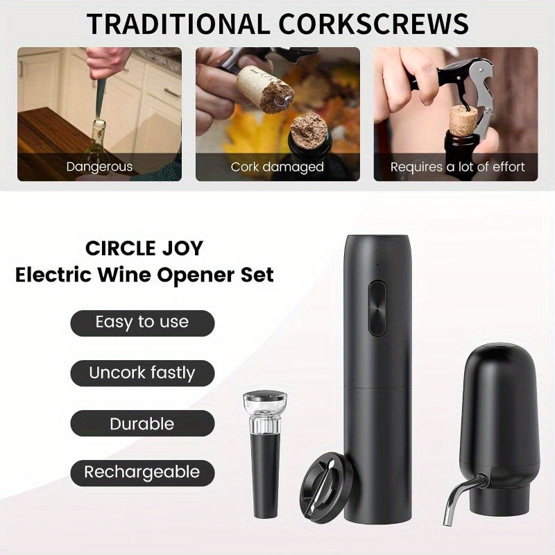 Juego de Abrebotellas Recargable 4 en 1 con Aireador, Cortador de Papel de Aluminio y Tapón de Vacío - Regalo Perfecto para Aficionados al Vino, Alimentado por USB, Negro