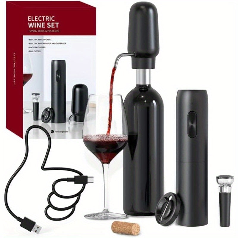 Juego de Abrebotellas Recargable 4 en 1 con Aireador, Cortador de Papel de Aluminio y Tapón de Vacío - Regalo Perfecto para Aficionados al Vino, Alimentado por USB, Negro