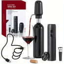 Juego de Abrebotellas Recargable 4 en 1 con Aireador, Cortador de Papel de Aluminio y Tapón de Vacío - Regalo Perfecto para Aficionados al Vino, Alimentado por USB, Negro
