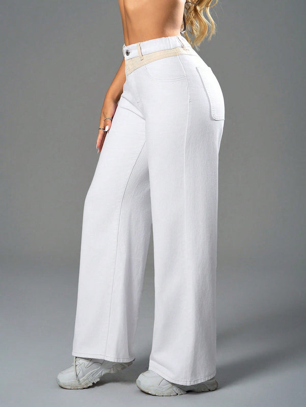 SXY Pantalones Jeans casuales de pierna ancha y unicolor para mujer