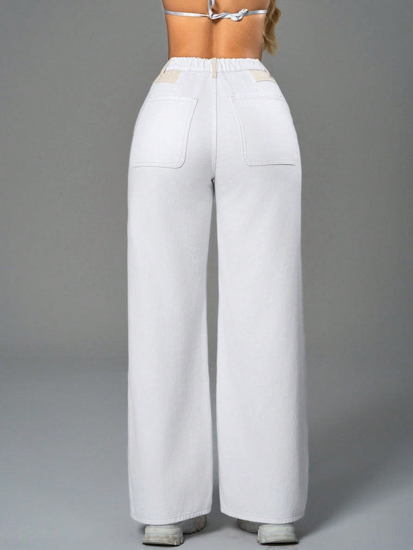 SXY Pantalones Jeans casuales de pierna ancha y unicolor para mujer