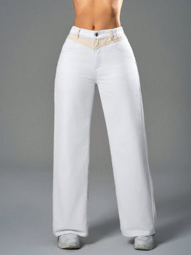 SXY Pantalones Jeans casuales de pierna ancha y unicolor para mujer