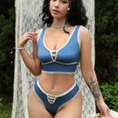 Eraneu Conjunto De Bralette Y Calzoncillo Con Encaje De Color Contrastante, Diseno Hueco Y Bordes Ondulados