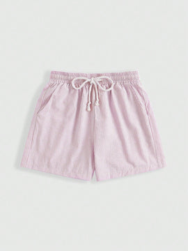 ROMWE Pantalones cortos casuales de algodon y lino a rayas rosas y blancas para ninas con cuerda en la cintura para mujeres, comodidad en el hogar