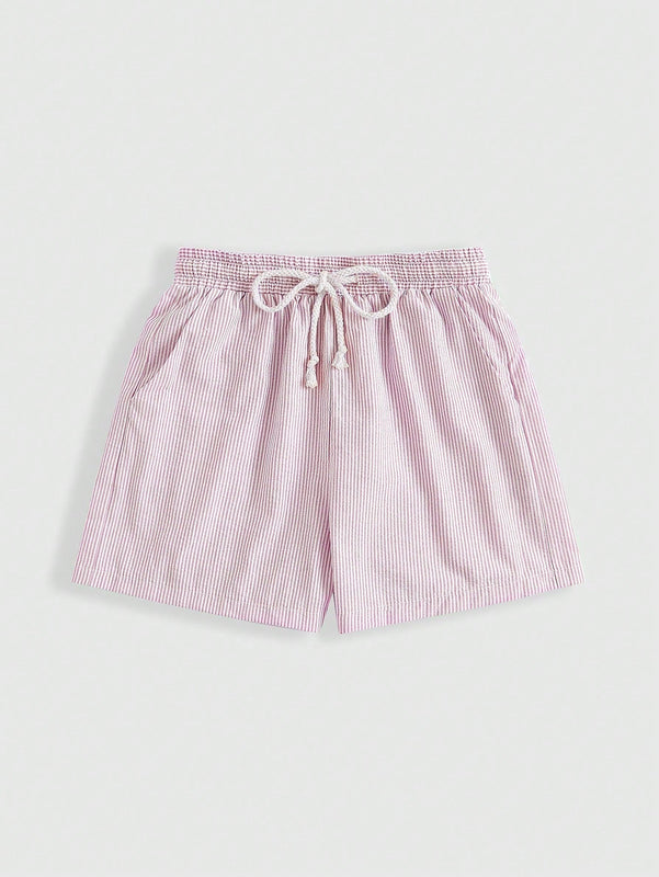 ROMWE Pantalones cortos casuales de algodon y lino a rayas rosas y blancas para ninas con cuerda en la cintura para mujeres, comodidad en el hogar