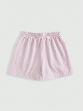 ROMWE Pantalones cortos casuales de algodon y lino a rayas rosas y blancas para ninas con cuerda en la cintura para mujeres, comodidad en el hogar