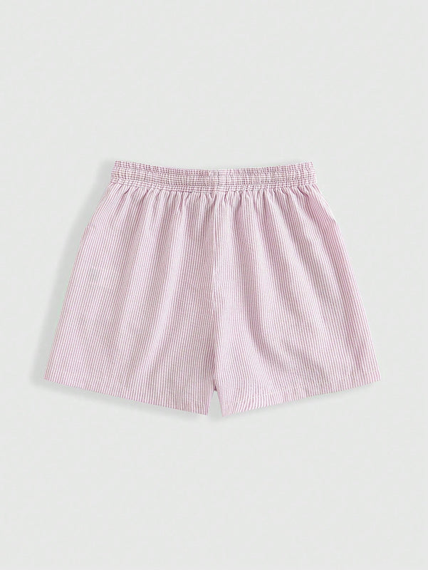 ROMWE Pantalones cortos casuales de algodon y lino a rayas rosas y blancas para ninas con cuerda en la cintura para mujeres, comodidad en el hogar