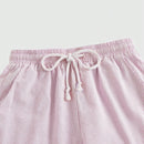 ROMWE Pantalones cortos casuales de algodon y lino a rayas rosas y blancas para ninas con cuerda en la cintura para mujeres, comodidad en el hogar