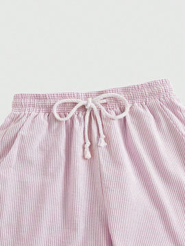 ROMWE Pantalones cortos casuales de algodon y lino a rayas rosas y blancas para ninas con cuerda en la cintura para mujeres, comodidad en el hogar