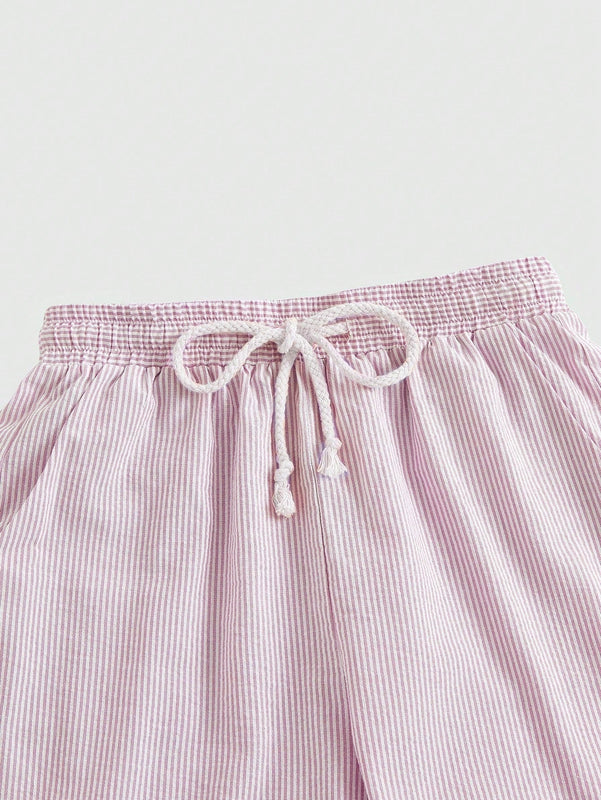 ROMWE Pantalones cortos casuales de algodon y lino a rayas rosas y blancas para ninas con cuerda en la cintura para mujeres, comodidad en el hogar