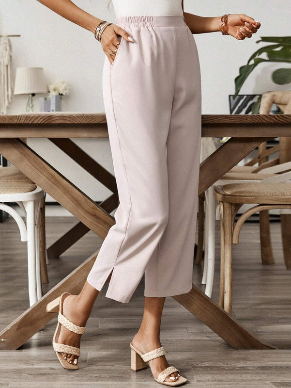 EMERY ROSE Pantalones casuales de mujer de pierna ancha con abertura lateral en un solo color