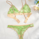 Conjunto de ropa interior verde fluorescente para mujeres con encaje transpirable y copa de triangulo inalambrico comodo de 2 piezas con bordes ondulados, que incluye bragas