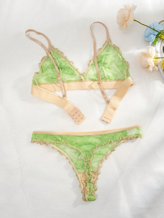 Conjunto de ropa interior verde fluorescente para mujeres con encaje transpirable y copa de triangulo inalambrico comodo de 2 piezas con bordes ondulados, que incluye bragas