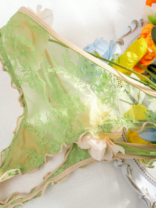 Conjunto de ropa interior verde fluorescente para mujeres con encaje transpirable y copa de triangulo inalambrico comodo de 2 piezas con bordes ondulados, que incluye Tangas