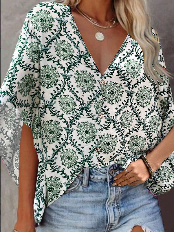 LUNE Camiseta para mujer con mangas murcielago y cuello en V con mandala verde y botones decorativos