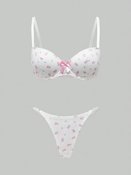 ROMWE Kawaii Conjunto de ropa interior impresa con flores romanticas y lazo con aro de acero para ninas con una perspectiva fresca