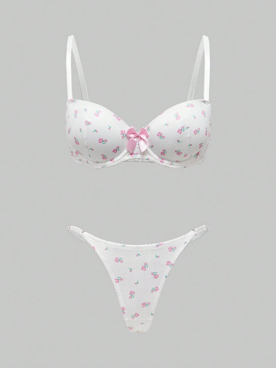 ROMWE Kawaii Conjunto de ropa interior impresa con flores romanticas y lazo con aro de acero para ninas con una perspectiva fresca
