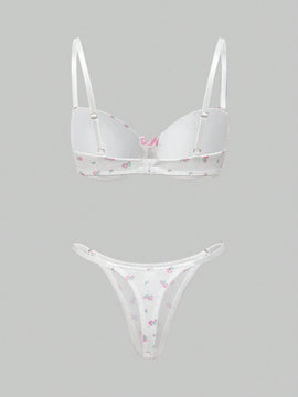ROMWE Kawaii Conjunto de ropa interior impresa con flores romanticas y lazo con aro de acero para ninas con una perspectiva fresca