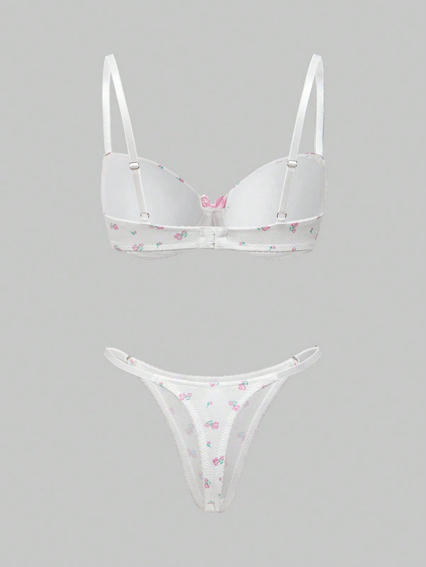 ROMWE Kawaii Conjunto de ropa interior impresa con flores romanticas y lazo con aro de acero para ninas con una perspectiva fresca