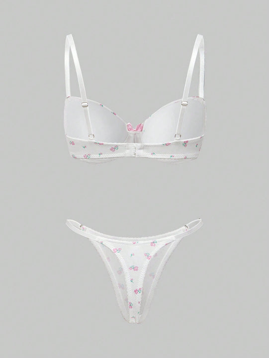 ROMWE Kawaii Conjunto de ropa interior impresa con flores romanticas y lazo con aro de acero para ninas con una perspectiva fresca