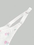 ROMWE Kawaii Conjunto de ropa interior impresa con flores romanticas y lazo con aro de acero para ninas con una perspectiva fresca
